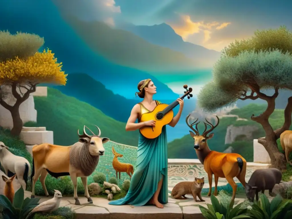 Un mosaico detallado de Orfeo encantando a los animales con su lira en un exuberante paisaje griego antiguo