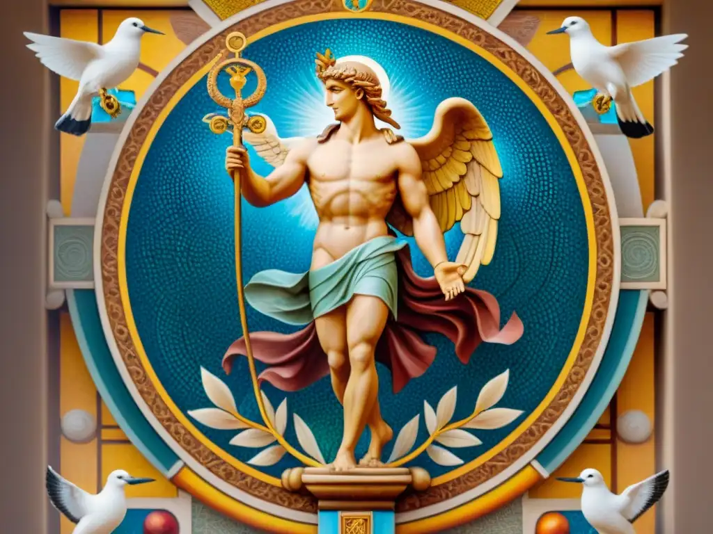 Mosaico detallado de Hermes con el caduceo, símbolos de comunicación como pergaminos, plumas y palomas