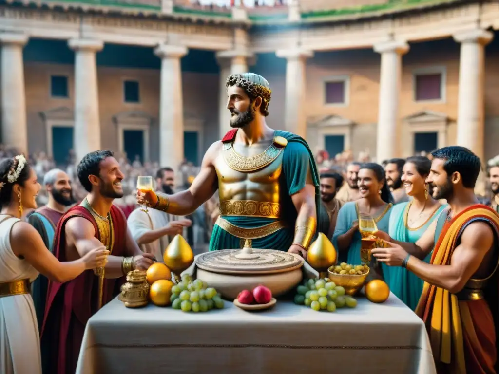 Mosaico detallado del festival de Saturnalia en Roma Antigua: romanos intercambiando regalos y celebrando bajo la estatua de Saturno