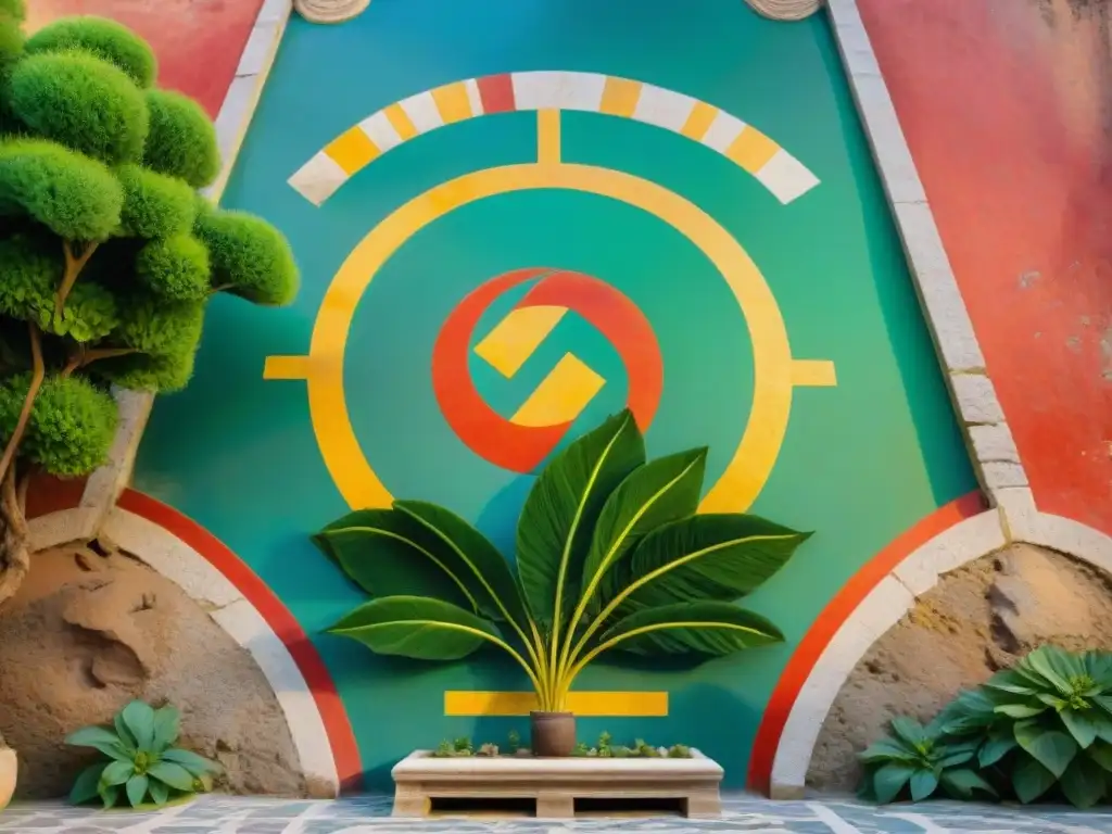 Mosaico de Pompeya con esvástica en tapestry rodeado de ruinas romanas y vegetación, bajo el cálido sol mediterráneo