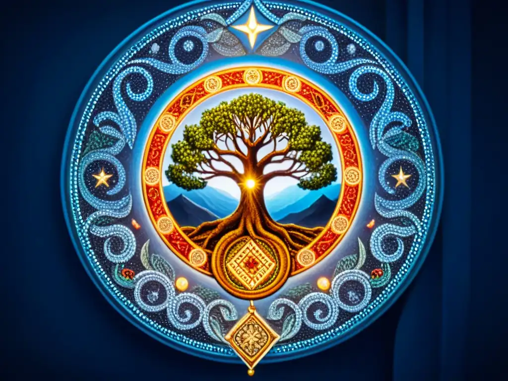 Mosaico gnostico: Ouroboros, Demiurgo y Árbol de la Vida en vibrantes colores bajo un cielo estrellado