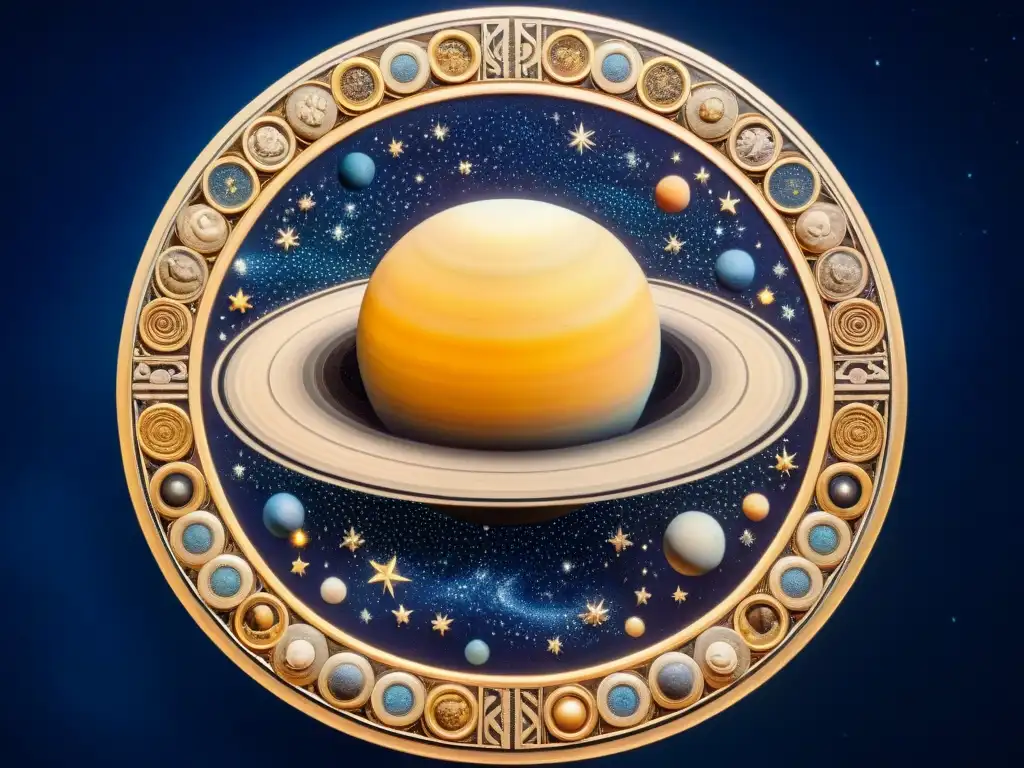 Mosaico griego antiguo de Saturno rodeado de símbolos celestiales y signos del zodíaco en un cielo estrellado