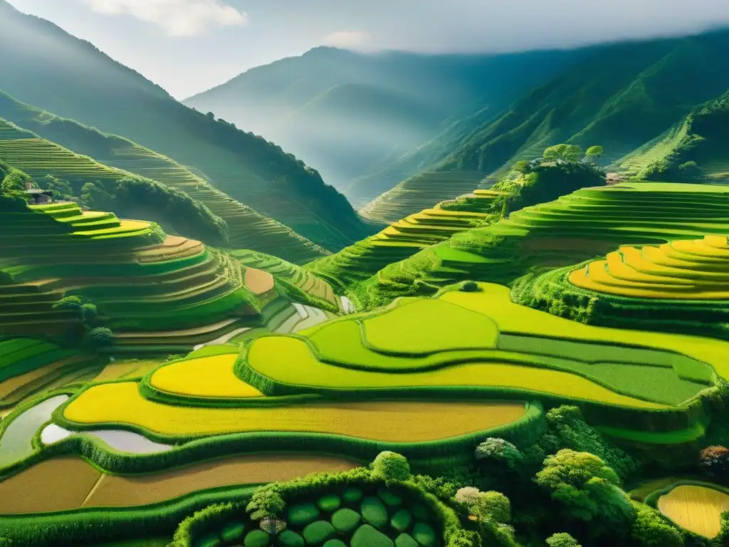 Arrozales japoneses: obra maestra agrícola en armonía natural Un mosaico impresionante de arrozales japoneses tradicionales en armonía con la naturaleza