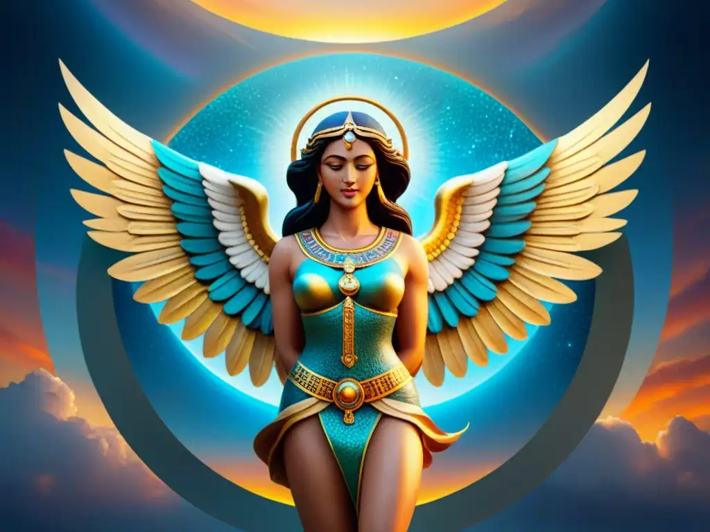 Un mosaico intrincado de ángeles en atuendos culturales rodeados de símbolos de civilizaciones antiguas