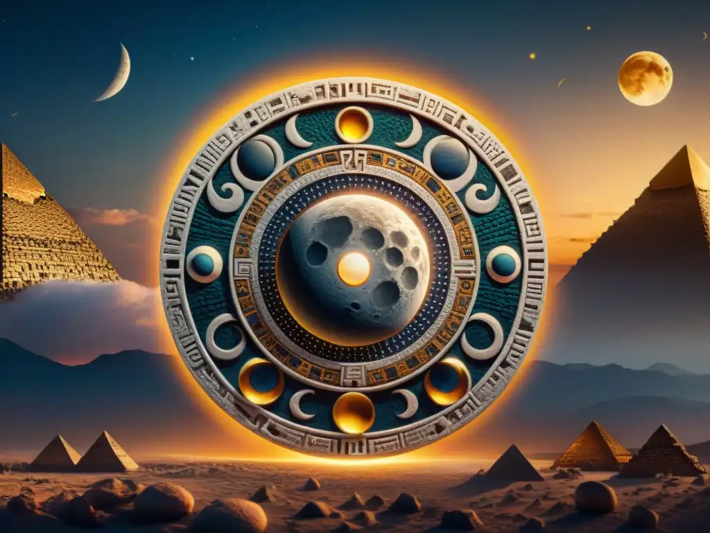 Un mosaico intrincado que muestra interpretaciones de fases lunares en civilizaciones antiguas
