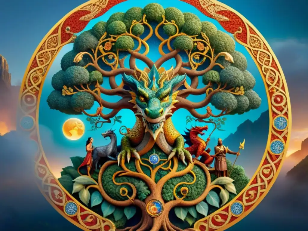 Dragón majestuoso entre mitos: fusión cultural Europa-Asia Un mosaico intrincado que fusiona mitos de culturas europeas y asiáticas en una danza cultural de intercambio, mostrando un dragón majestuoso enroscado alrededor de un árbol celta de la vida, con dioses y diosas griegos mezclándose con deidades hindú