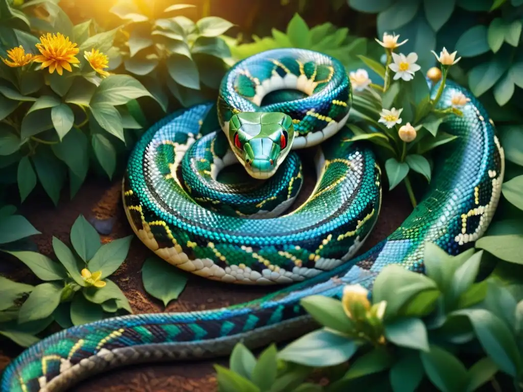 Un mosaico intrincado de una serpiente en un jardín exuberante, evocando simbolismo milenario y prácticas esotéricas