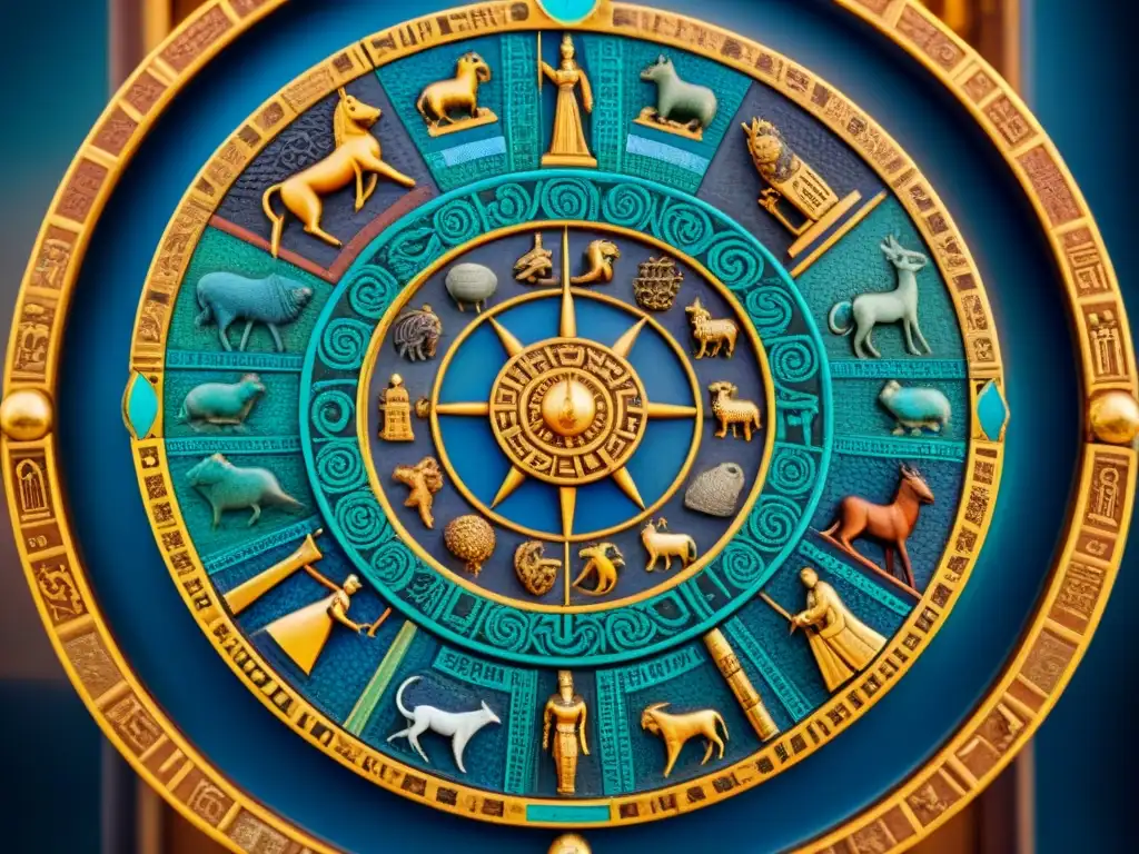 Un mosaico intrincado de los signos del zodiaco de civilizaciones antiguas, representando la diversidad de la Astrología en civilizaciones antiguas