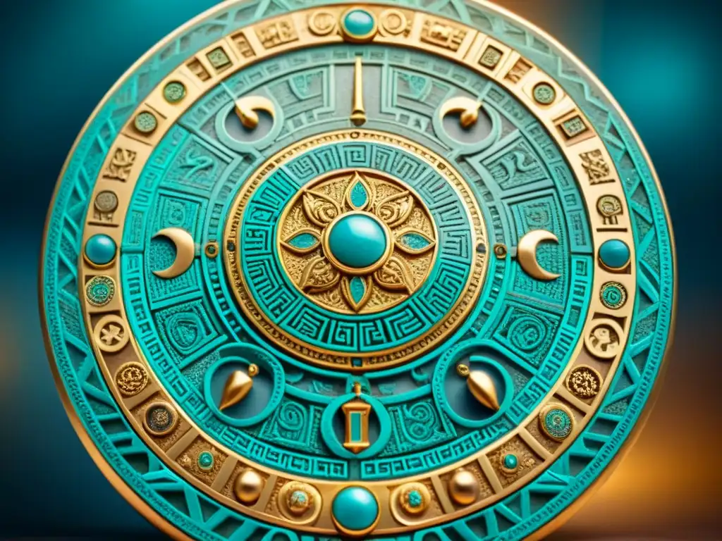 Mosaico de oro y turquesa con signos zodiaco en calendario azteca, uniendo astrología y civilizaciones antiguas