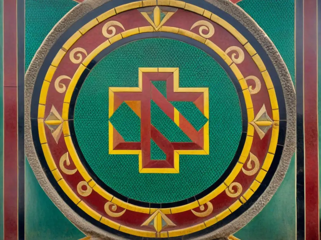 Mosaico romano con esvástica rodeada de patrones geométricos y diseños romanos en Pompeya