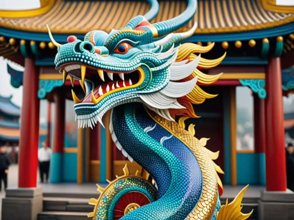 Un mosaico vibrante muestra un dragón chino en una pagoda, con escamas doradas, rojas y azules