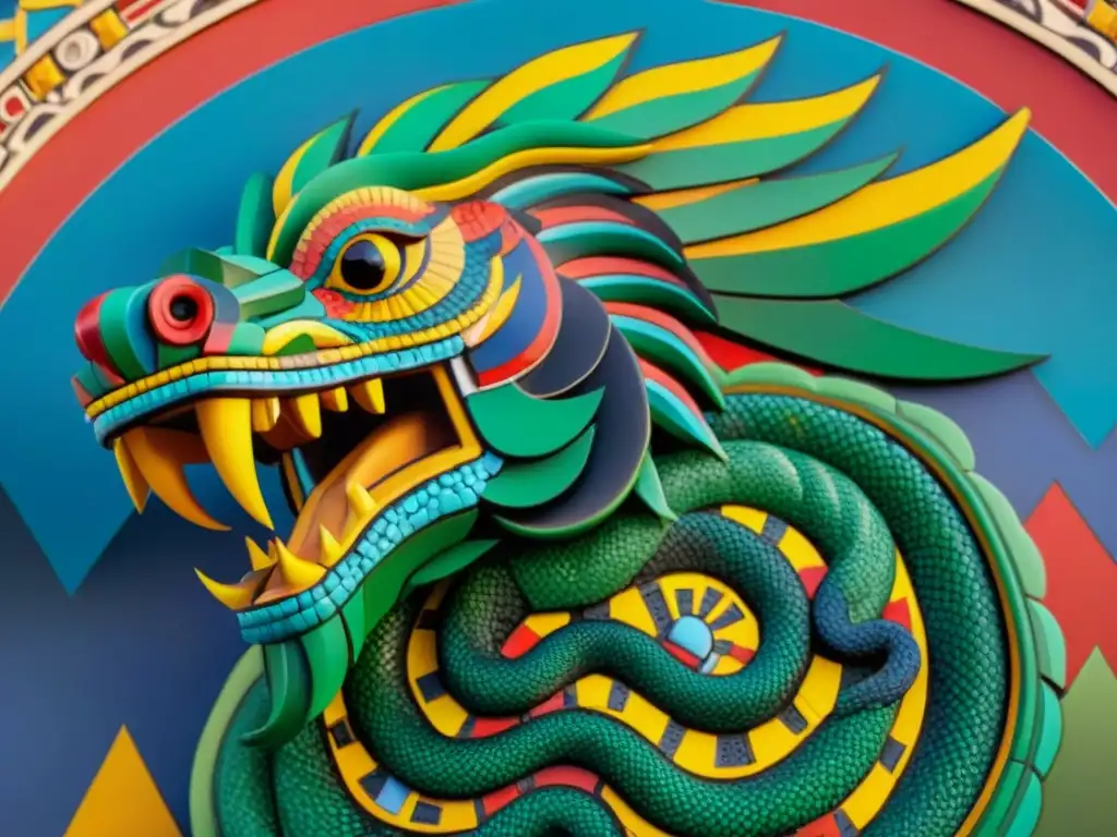 Un mosaico vibrante de Quetzalcóatl y un dragón chino, fusionando serpientes y dragones en mitología