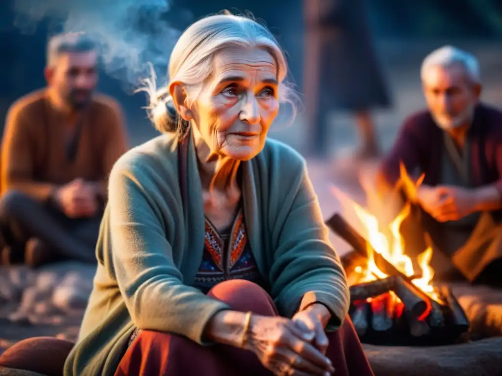 Una mujer anciana sabia comparte historias junto al fuego bajo un cielo estrellado