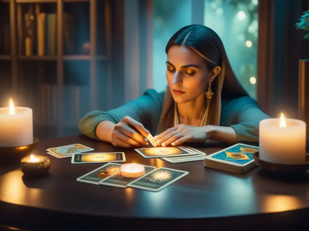 Una mujer meditando con cartas de tarot en una habitación misteriosa