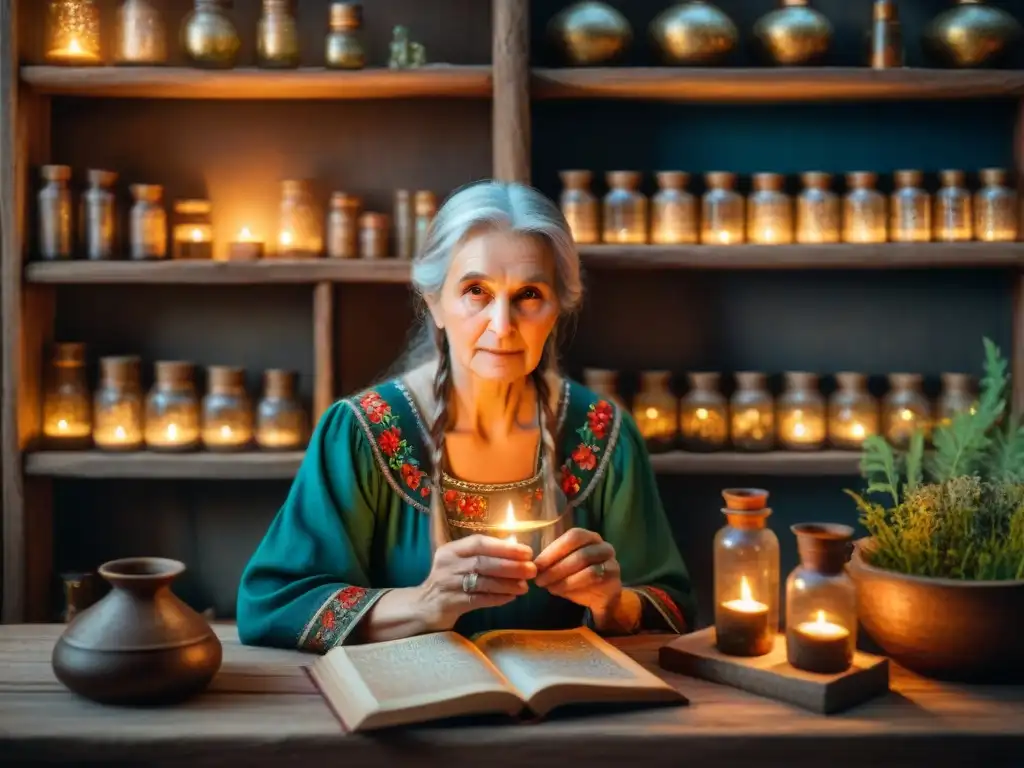 Hechicera eslava: la sabiduría ancestral en sus manos Mujer eslava anciana en habitación misteriosa rodeada de manuscritos antiguos y hierbas, sosteniendo poción