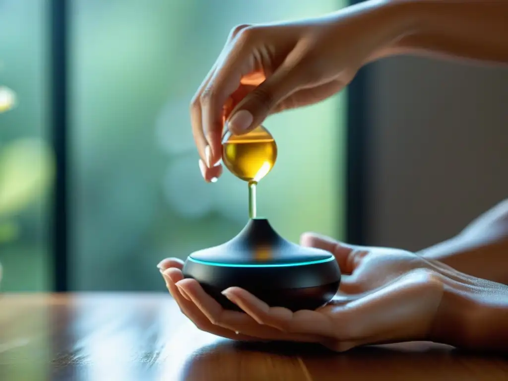 Mujer colocando gotas de aceites esenciales en un difusor, creando un ambiente tranquilo con luz natural