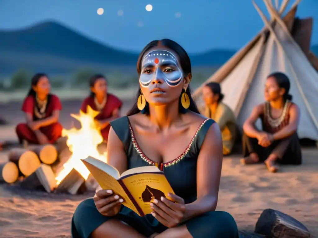 Una mujer indígena narradora tradicional cuenta historias junto al fuego en la noche estrellada, rodeada de oyentes