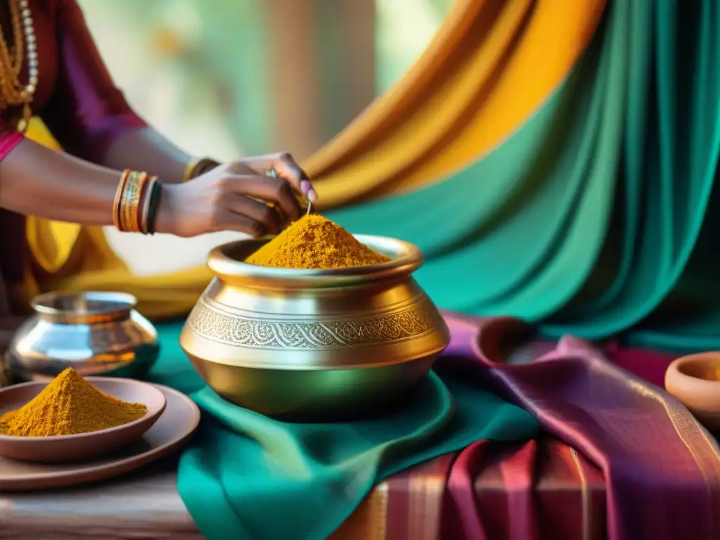Una mujer remueve una olla de especias en un ambiente tradicional indio con saris al sol