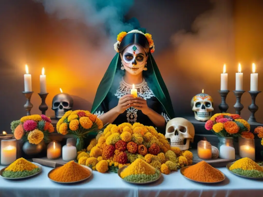 Mujeres en altar de Día de los Muertos, ofrendando en ritual mexicano