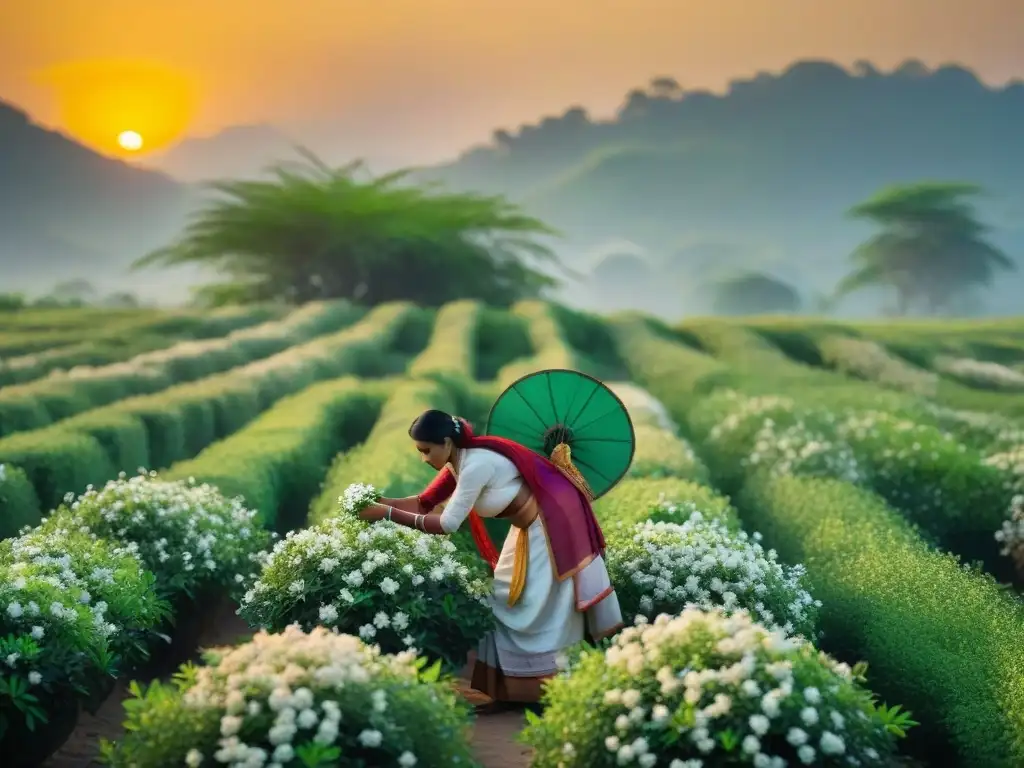 Mujeres en campo de jazmines, recolectando flores al amanecer