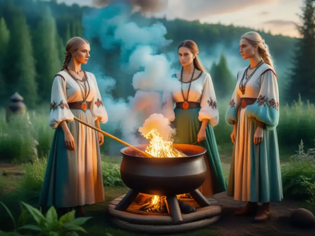 Hechizo ancestral: Mujeres eslavas en ritual de sanación mística Mujeres eslavas en medicina y magia, rituales de sanación en el bosque con hierbas y hechizos