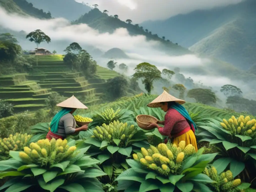 Mujeres guatemaltecas cosechando cardamomo en la neblina de la mañana en los lugares sagrados de extracción de aceites esenciales