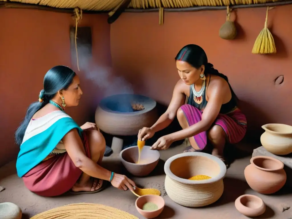 Mujeres indígenas preparando alimentos en cocina precolombina con técnicas antiguas