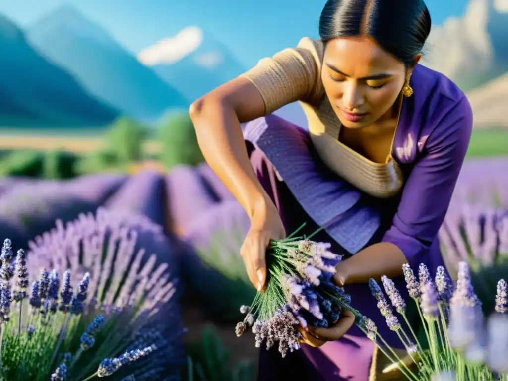 Mujeres indígenas recolectan lavanda en un campo soleado, reflejando la extracción de aceites esenciales sostenibles