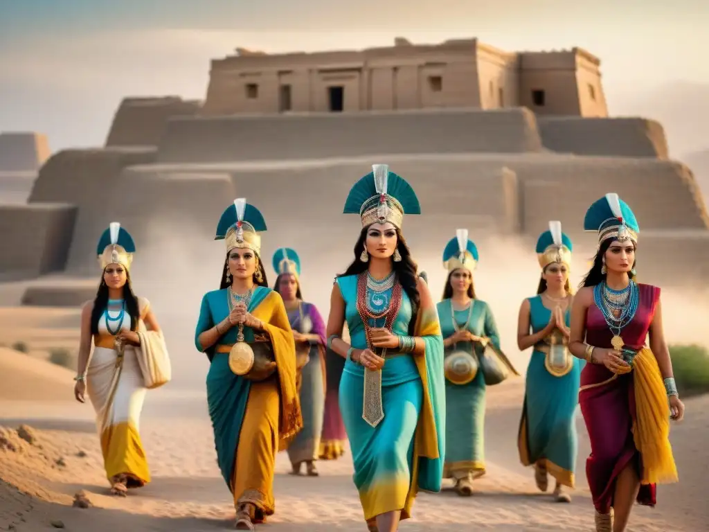 Mujeres poderosas de civilizaciones antiguas en procesión ceremonial en majestuoso templo sumerio