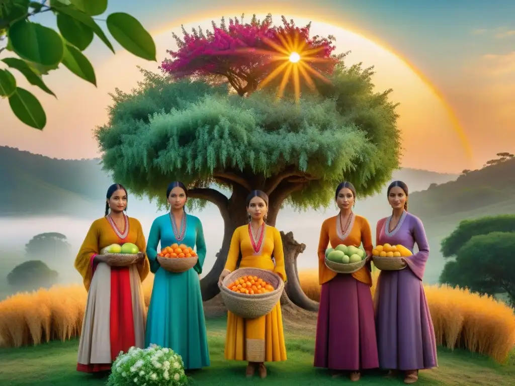 Mujeres en rituales de fertilidad sagrados, rodeando un árbol floreciente con símbolos de abundancia al atardecer