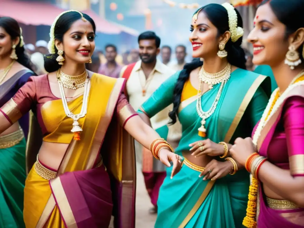 Mujeres en vibrantes sarees danzan al ritmo de la celebración de Janmashtami en Mathura, India