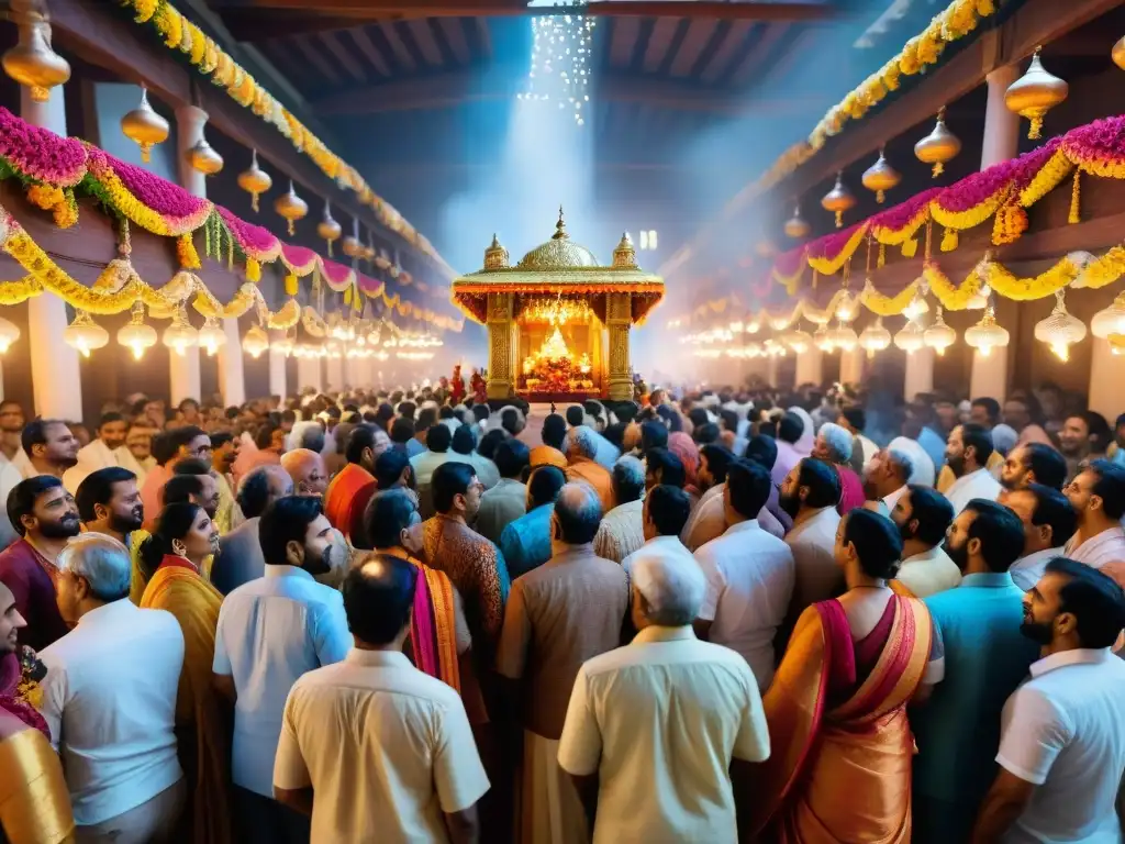 Multitud alegre celebra Janmashtami en templo decorado con ropa tradicional, música devocional y lámparas brillantes