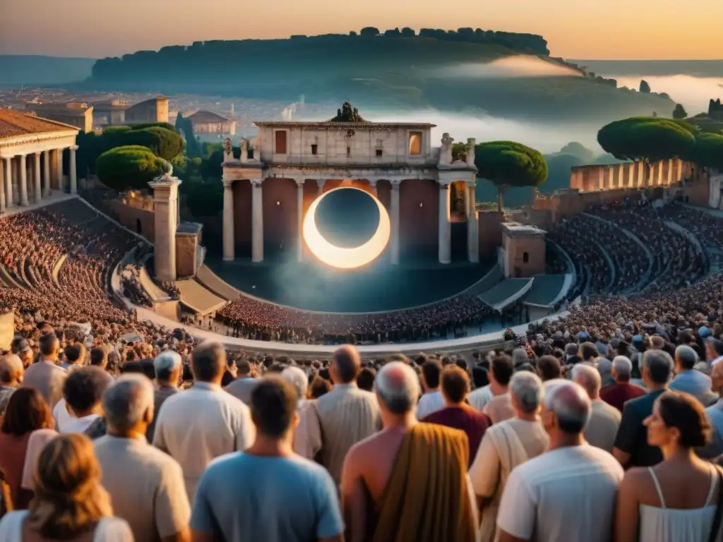 Multitud en éxtasis bajo el eclipse solar en el anfiteatro romano, evocando la magia de los eclipses en la Roma Antigua