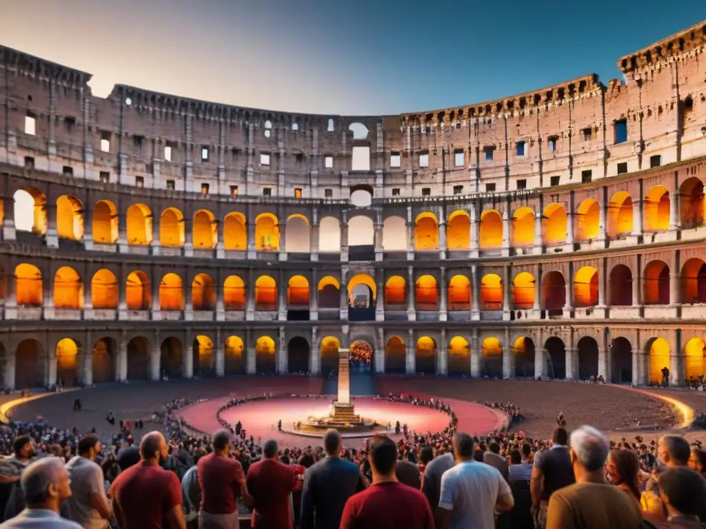 Una multitud de romanos antiguos maravillados observa el Coliseo romano bajo un eclipse lunar sangriento