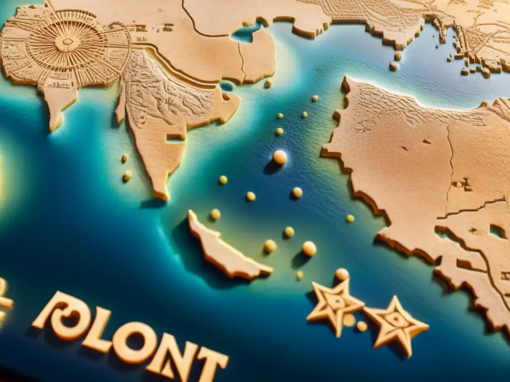 Mapa del mundo Ptolemaico: detalle y misterio en piedra antigua Mapamundi Ptolomeo: visión del mundo antiguo en piedra iluminada por luz cálida y sombras suaves