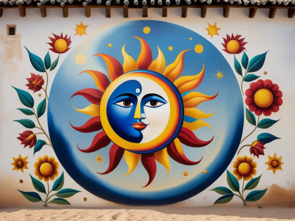 Un mural ancestral en adobe blanco: sol y luna entrelazados con motivos florales