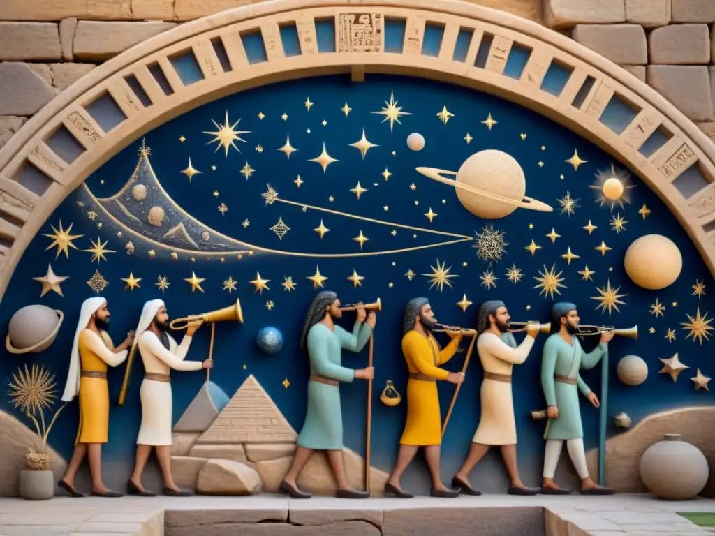 Mural de astrónomos mesopotámicos estudiando el cielo nocturno, con signos zodiacales y cuerpos celestes pintados en una pared de piedra