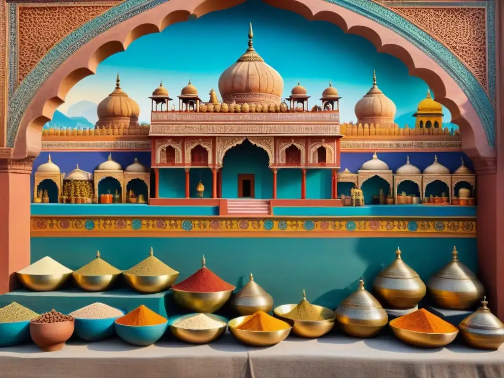 Un mural colorido de un bullicioso mercado en la India antigua con vendedores y utensilios de cocina tradicionales