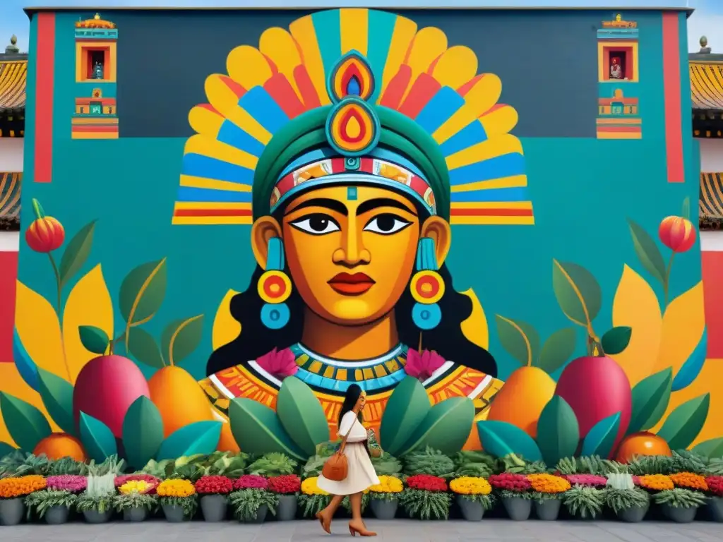 Mural contemporáneo en plaza urbana, muestra adoración a Tláloc en sacrificios de frutas y flores