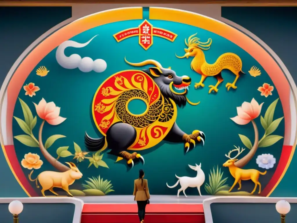 Un mural detallado de los doce animales del zodiaco chino rodeados de elementos simbólicos, reflejando la Mitología y Astrología China Antigua