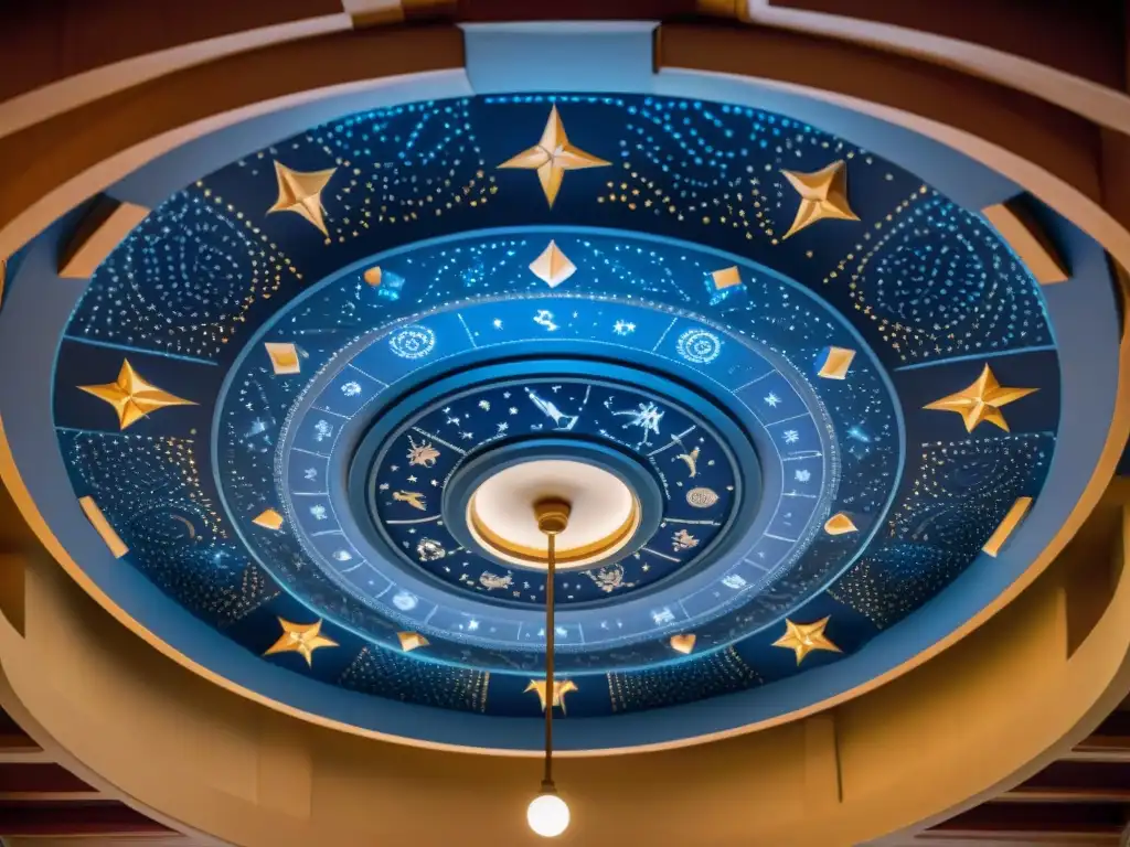 Un mural detallado de la astrología védica iluminado por velas, creando una atmósfera mística y cautivadora