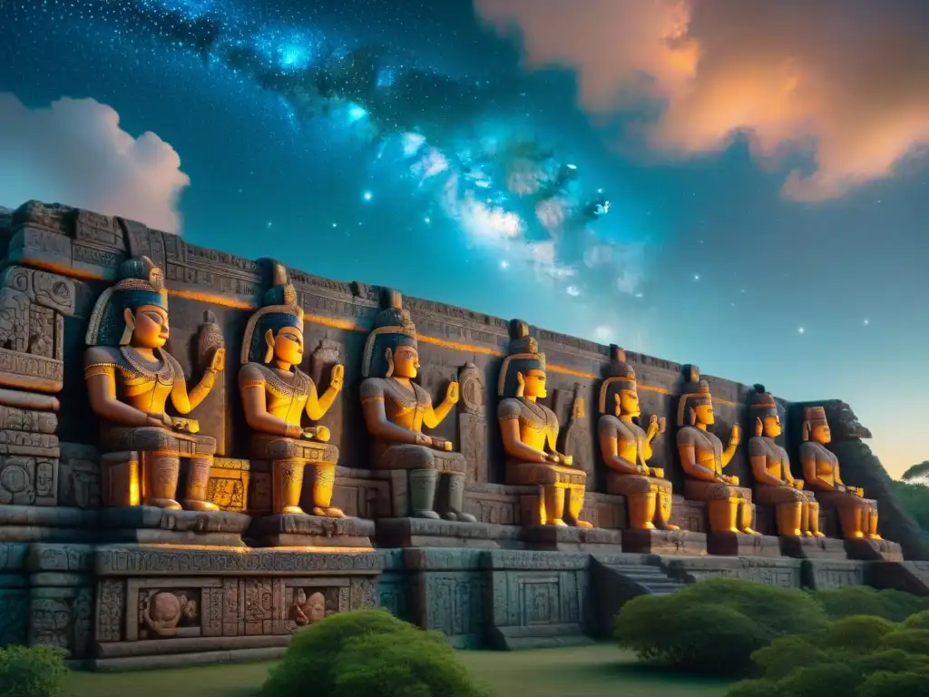 Mural detallado de astrónomos mayas estudiando estrellas en la noche, con colores ricos y ambiente místico