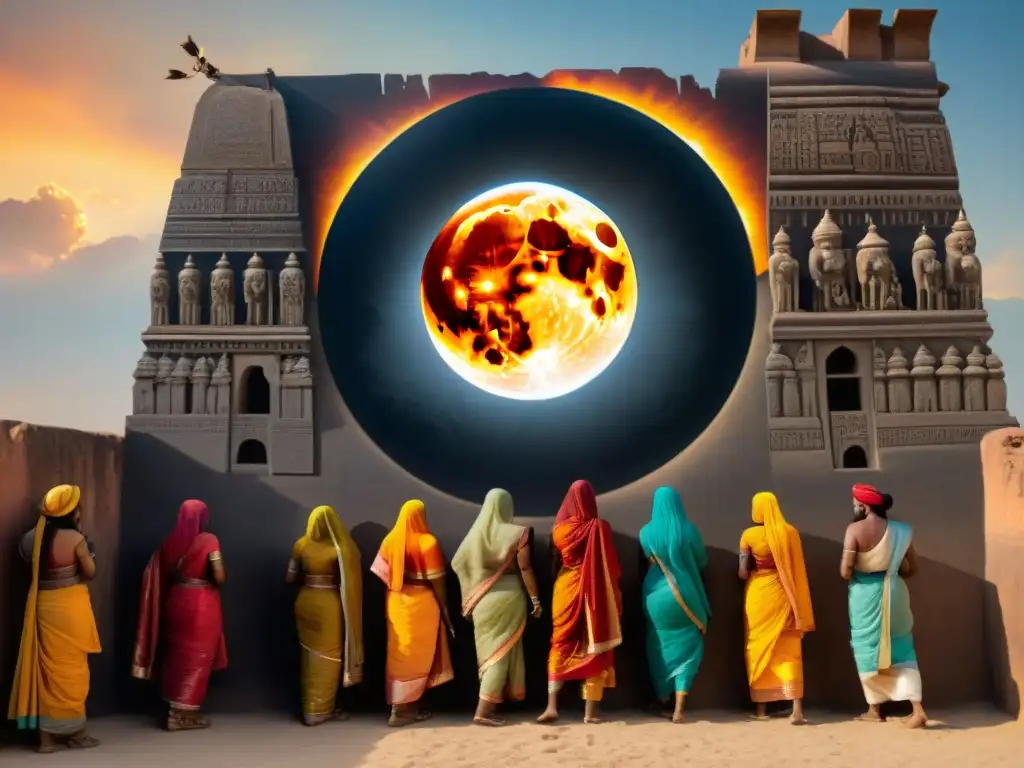 Un mural detallado de un bullicioso mercado antiguo en la India durante un eclipse solar, mostrando la influencia de los eclipses en la India antigua