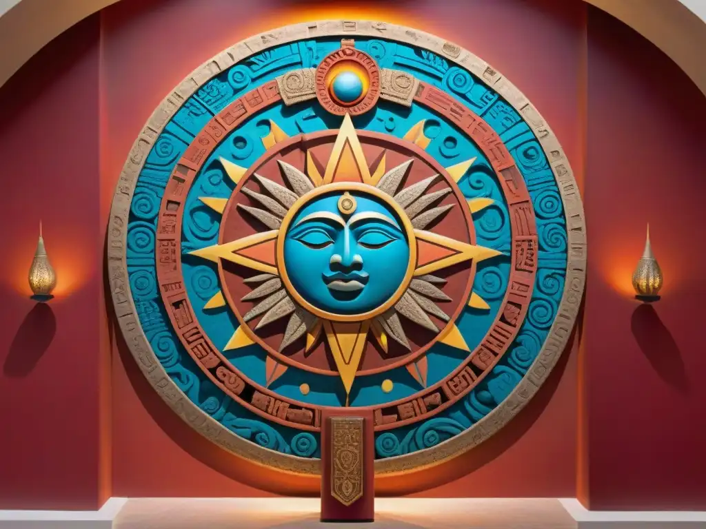 Mural detallado del calendario maya en rojo vibrante, con influencias astrológicas mayas en diseño de interiores