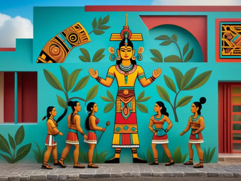 Mural detallado del Popol Vuh en centro comunitario maya