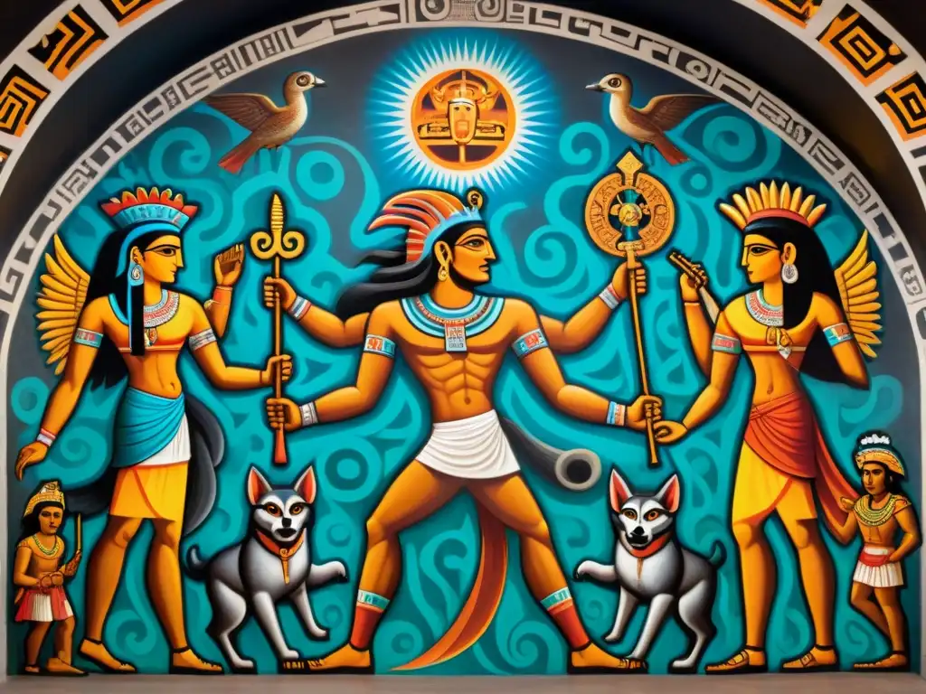 Un mural detallado fusionando creencias en el Más Allá de civilizaciones: Griega y Azteca