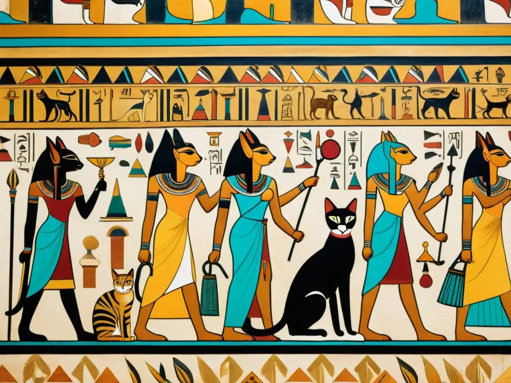 Mural detallado de la importancia de los gatos en el Antiguo Egipto, con elegantes felinos y símbolos egipcios vibrantes