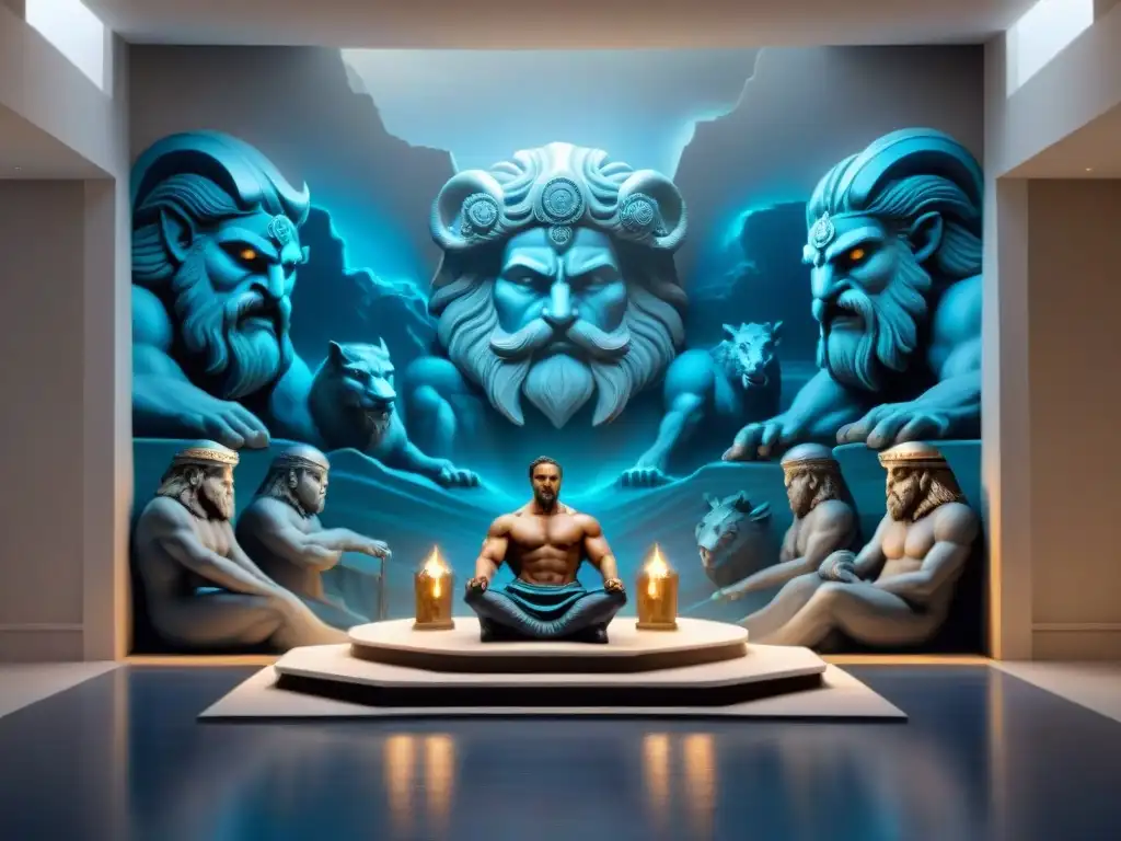Mural impresionante del Inframundo griego con Hades y seres míticos Mural detallado del Inframundo griego con Hades en su trono rodeado de criaturas míticas y almas perdidas
