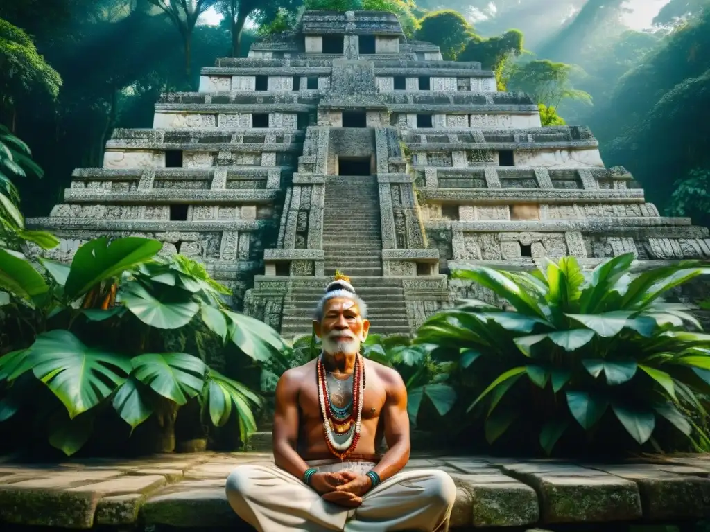 Mural detallado en Palenque, México, muestra ancianos mayas meditando en la selva