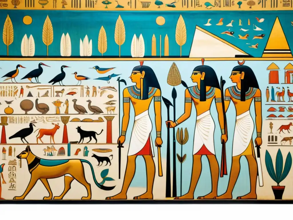 Mural egipcio de Aaru: el paraíso en la antigua tumba Mural detallado y vibrante en una tumba egipcia, mostrando el Paraíso egipcio más allá muerte